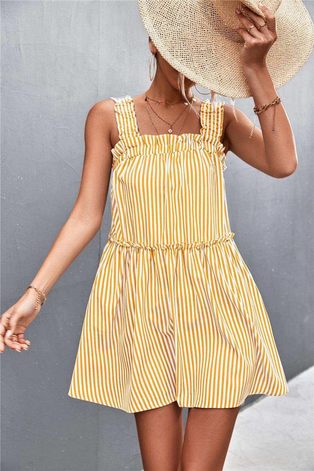 Striped Frill Trim Square Neck Dress - Trendsi - Flyclothing LLC
