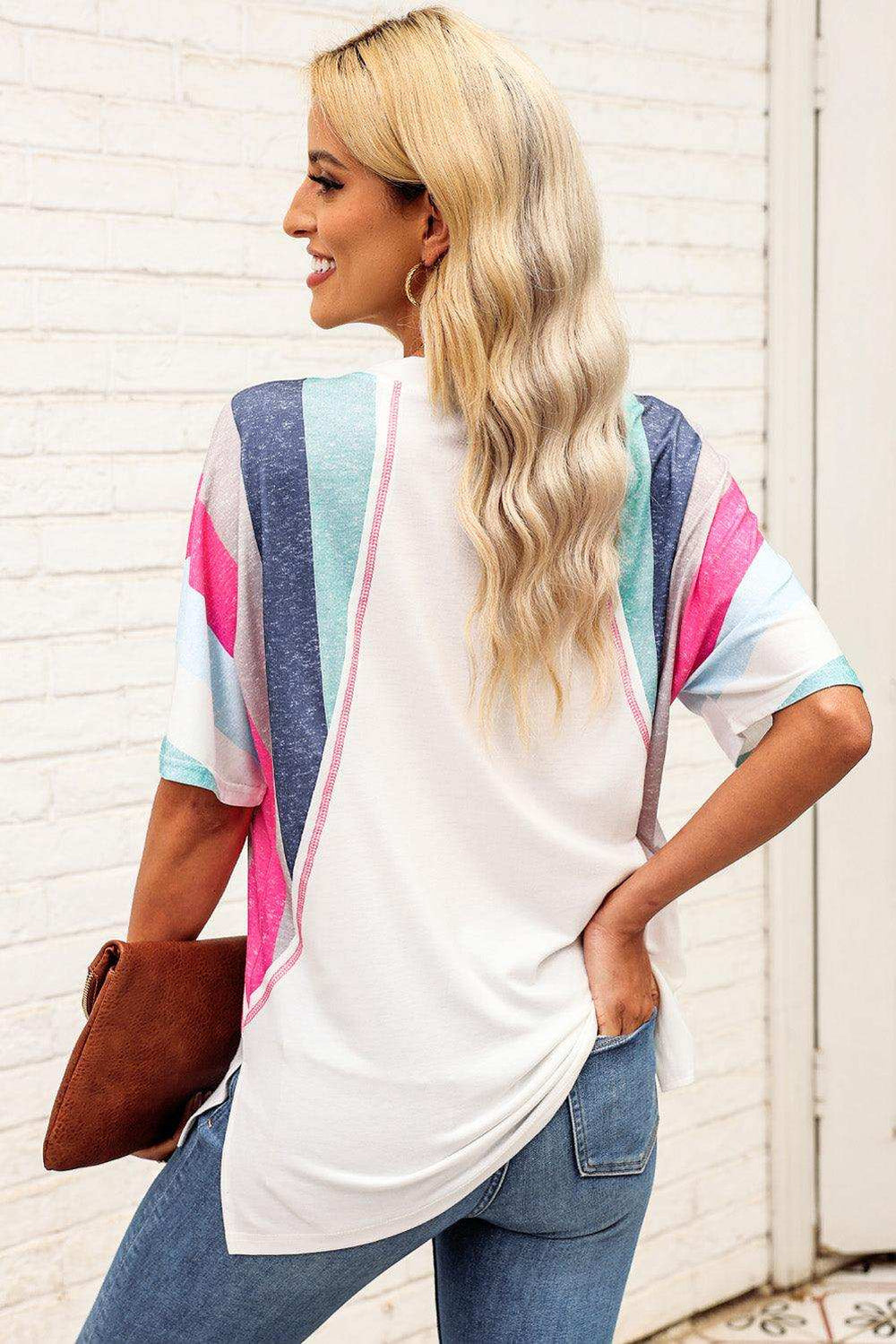 Rainbow Stripe Slit V-Neck Tee - Trendsi - Flyclothing LLC