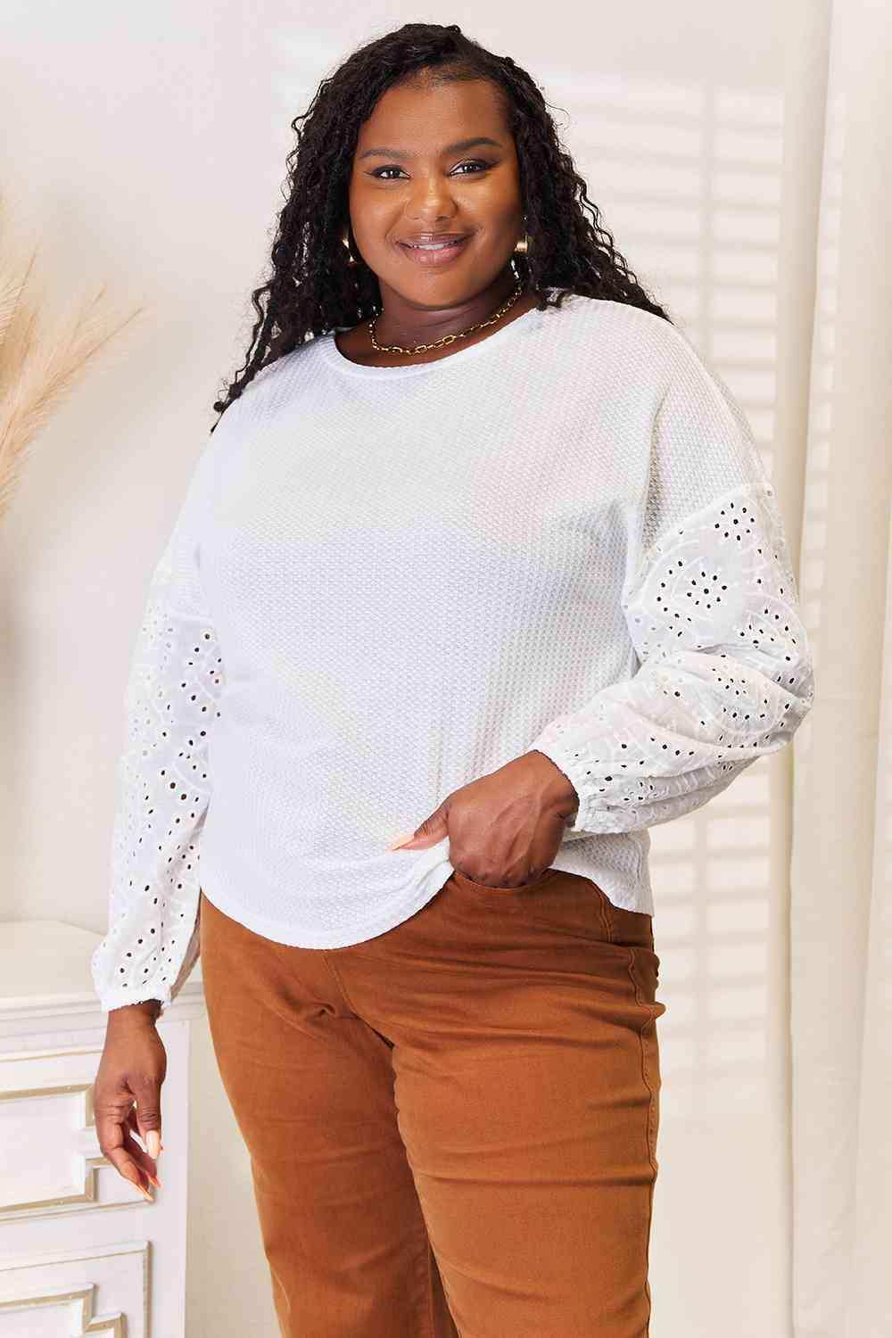 Double Take Eyelet Dropped Shoulder Round Neck Blouse - Trendsi - Flyclothing LLC