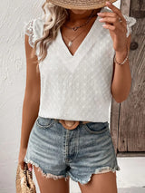 V-Neck Cap Sleeve Spliced Lace Top - Trendsi - Flyclothing LLC