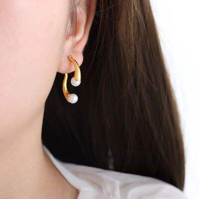 Synthetic Pearl Asymmetrical Titanium Steel Earrings - Trendsi - Flyclothing LLC