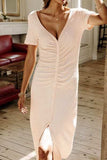Ruched V-Neck Short Sleeve Dress - Trendsi - Flyclothing LLC
