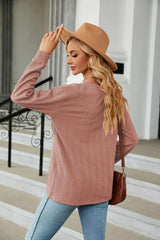 Decorative Button V-Neck Long Sleeve T-Shirt - Trendsi