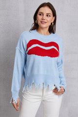 Lip Fringe Round Neck Sweater - Trendsi
