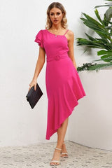 Ruffled Asymmetrical Neck Flutter Sleeve Dress - Trendsi