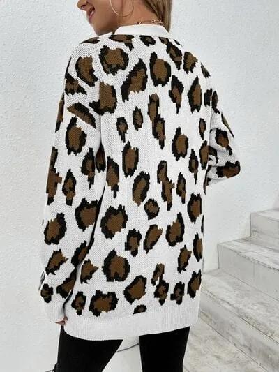 Leopard Open Front Dropped Shoulder Cardigan - Trendsi