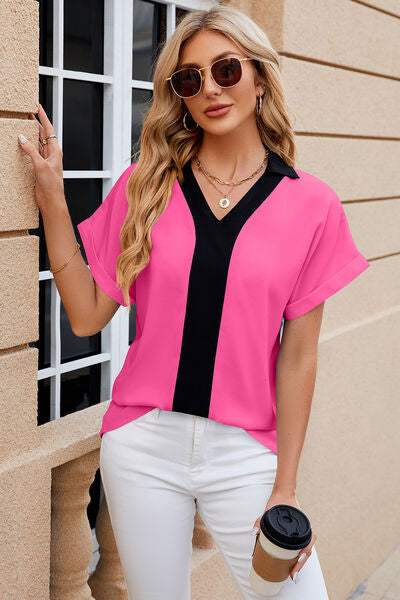 Contrast Johnny Collar Short Sleeve Blouse - Trendsi - Flyclothing LLC