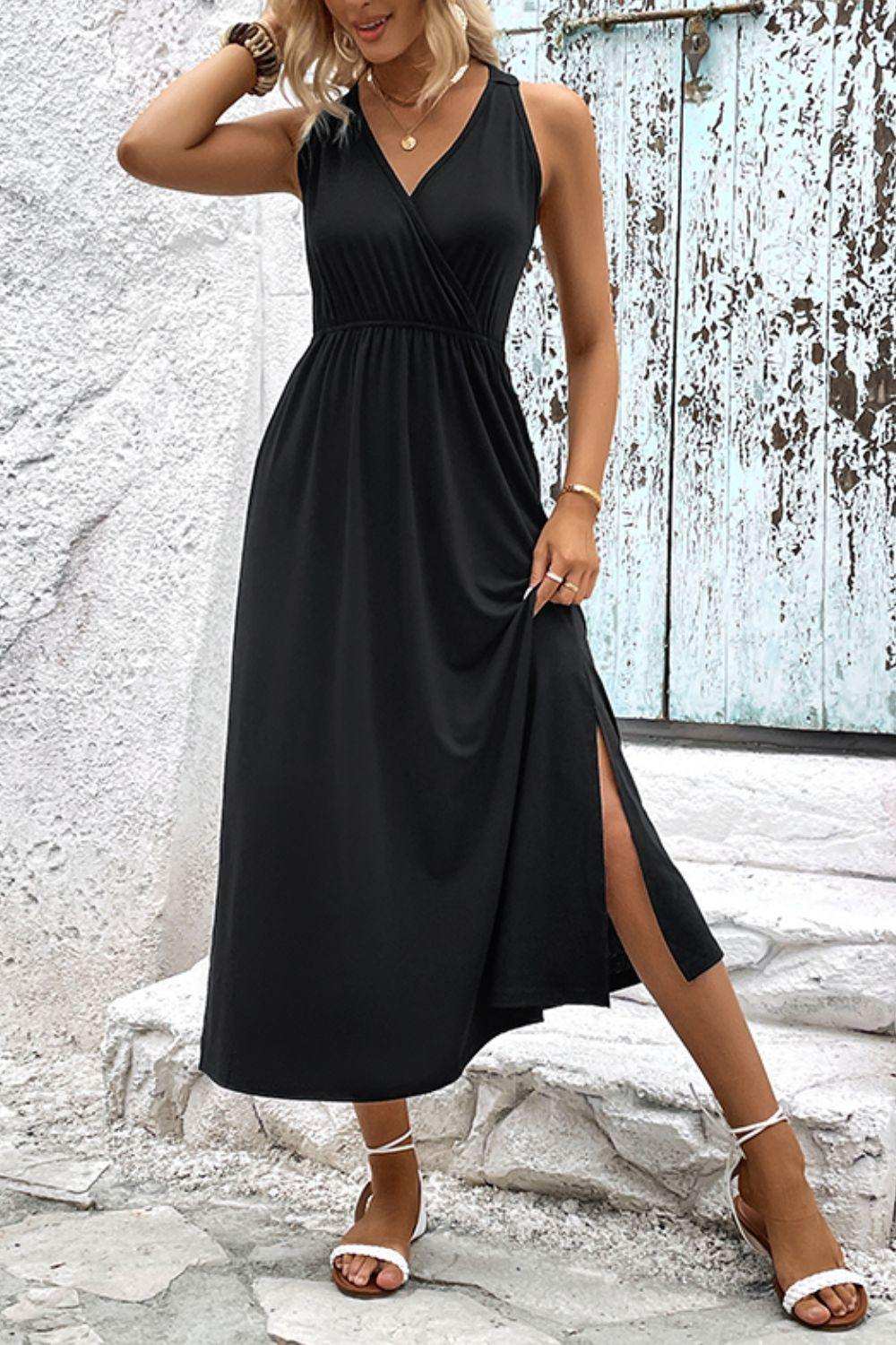 Surplice Neck Slit Sleeveless Dress - Trendsi - Flyclothing LLC