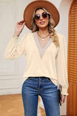 Lace Detail V-Neck Lantern Sleeve T-Shirt - Trendsi - Flyclothing LLC