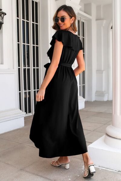 Ruffled Surplice Tie Waist Slit Midi Dress - Trendsi