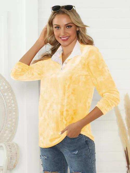 Tie-Dye Half Button Long Sleeve T-Shirt - Trendsi - Flyclothing LLC