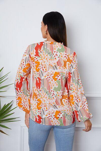 Floral Frill Notched Long Sleeve Blouse - Trendsi