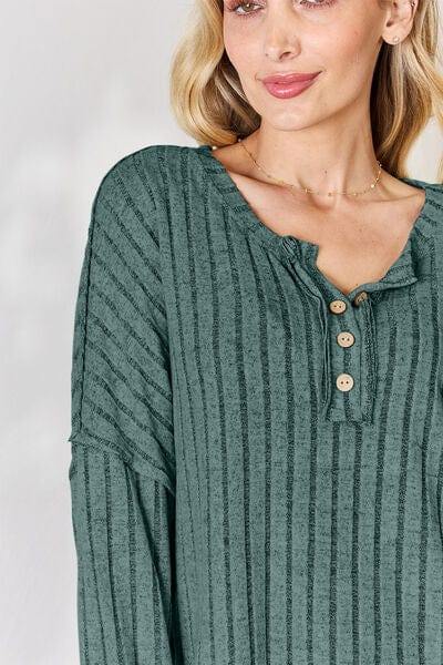Basic Bae Full Size Ribbed Half Button Long Sleeve T-Shirt - Trendsi