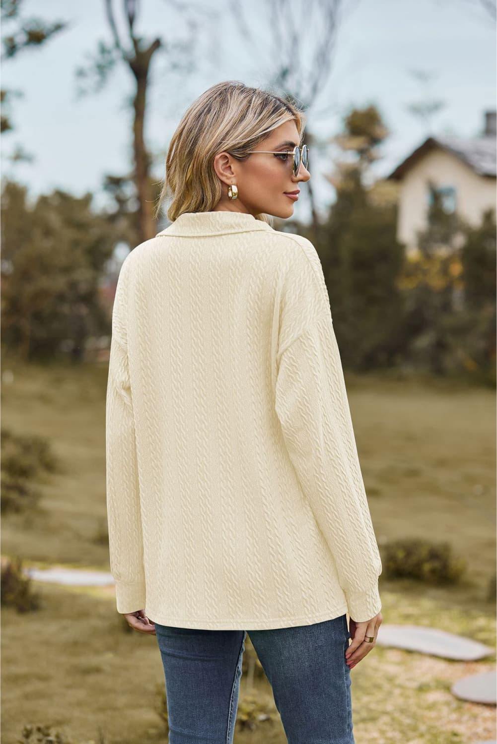 Collared Neck Cable-Knit Long Sleeve Blouse - Trendsi