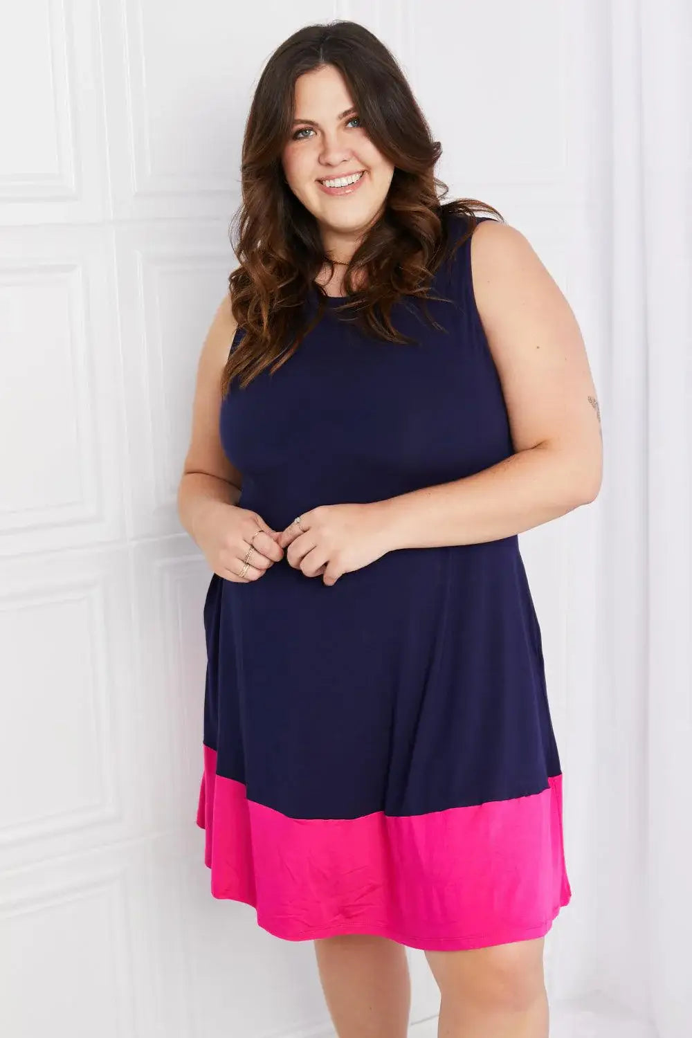 Yelete Full Size Two-Tone Sleeveless Mini Dress with Pockets - Trendsi - Flyclothing LLC
