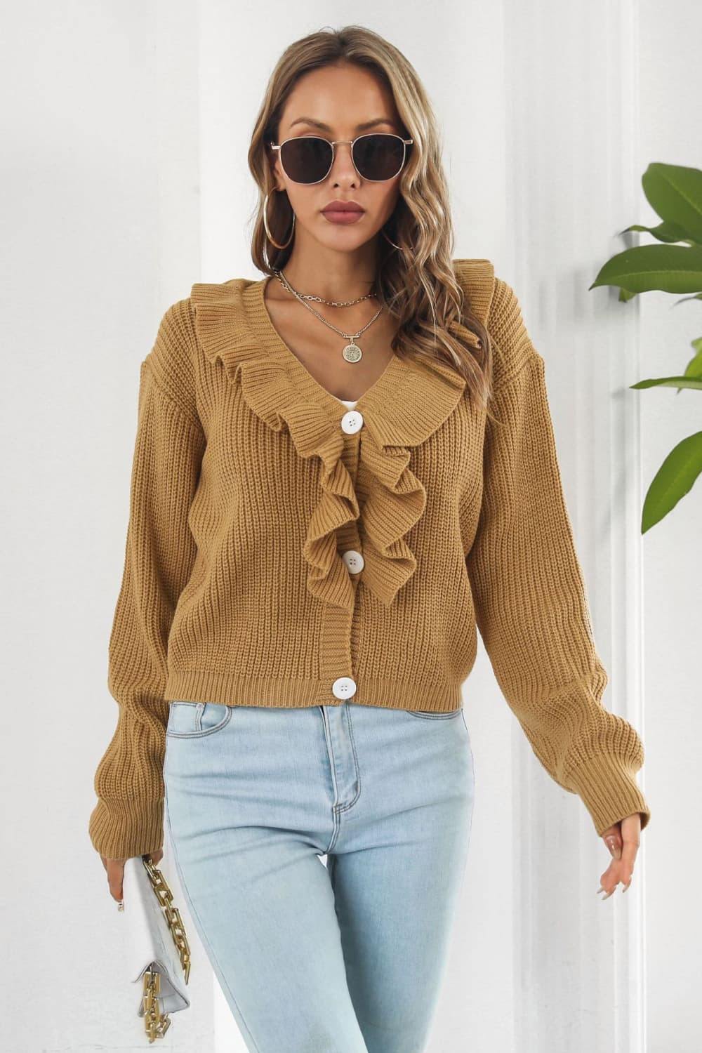 Ruffle Trim Button-Down Dropped Shoulder Sweater - Trendsi