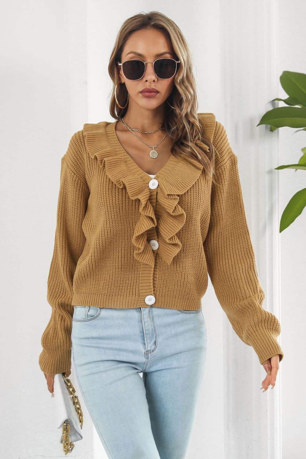 Ruffle Trim Button-Down Dropped Shoulder Sweater - Trendsi - Flyclothing LLC