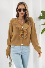 Ruffle Trim Button-Down Dropped Shoulder Sweater - Trendsi