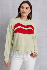 Lip Fringe Round Neck Sweater - Trendsi