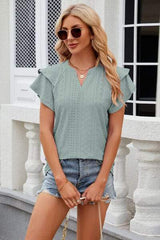 Eyelet Notched Short Sleeve T-Shirt - Trendsi - Flyclothing LLC