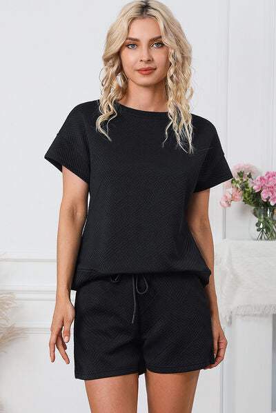 Textured Round Neck T-Shirt and Shorts Set - Trendsi - Flyclothing LLC
