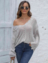 Openwork V-Neck Sweater - Trendsi - Flyclothing LLC