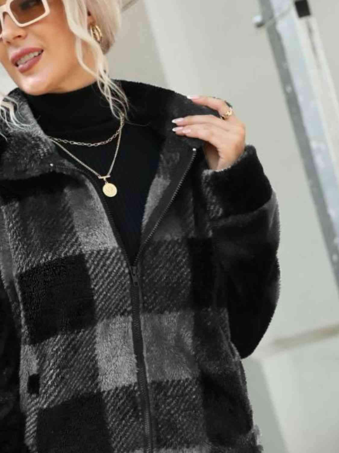 Plaid Zip-Up Collared Jacket - Trendsi - Flyclothing LLC