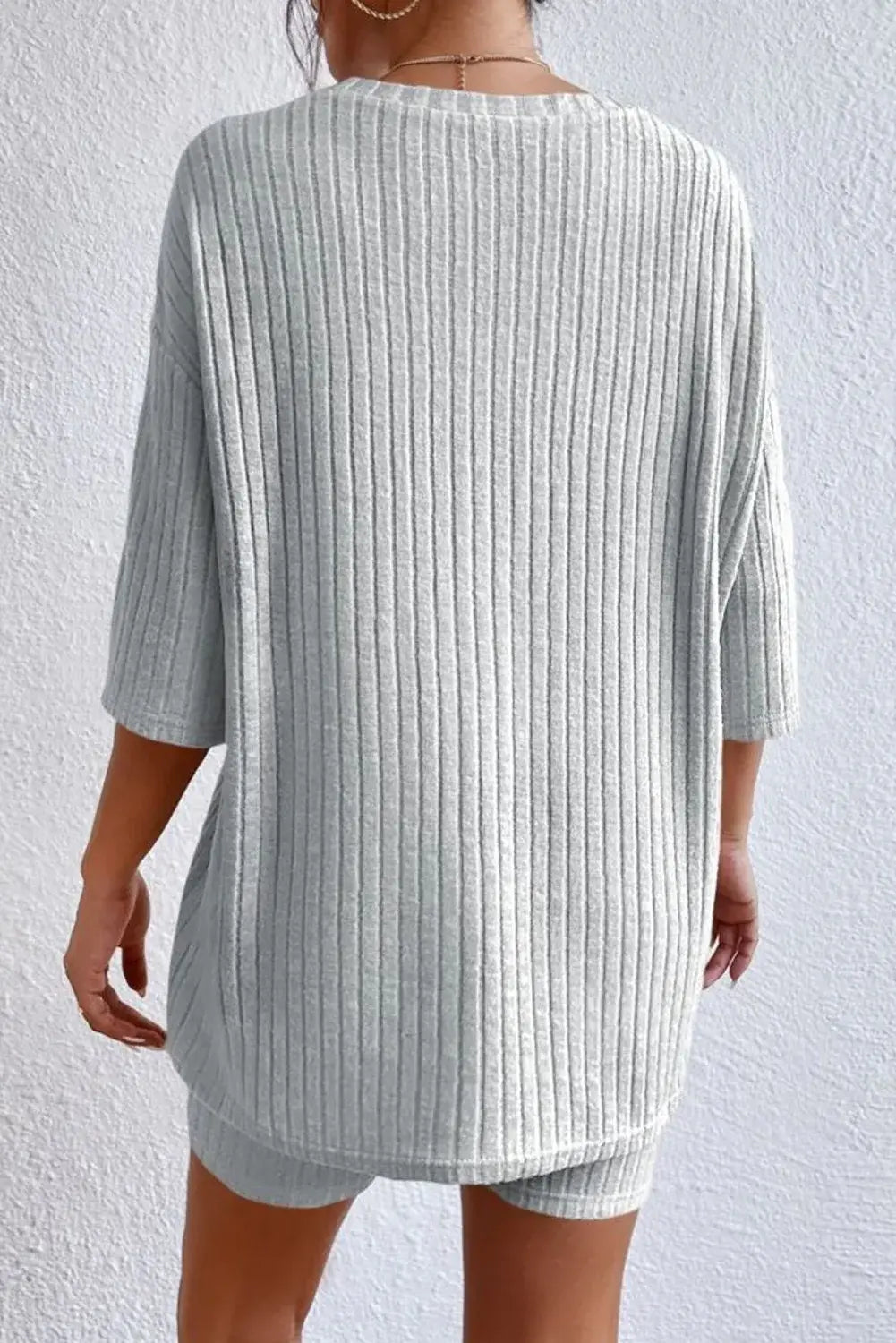 Round Neck Ribbed Top and Shorts Lounge Set - Trendsi - Flyclothing LLC