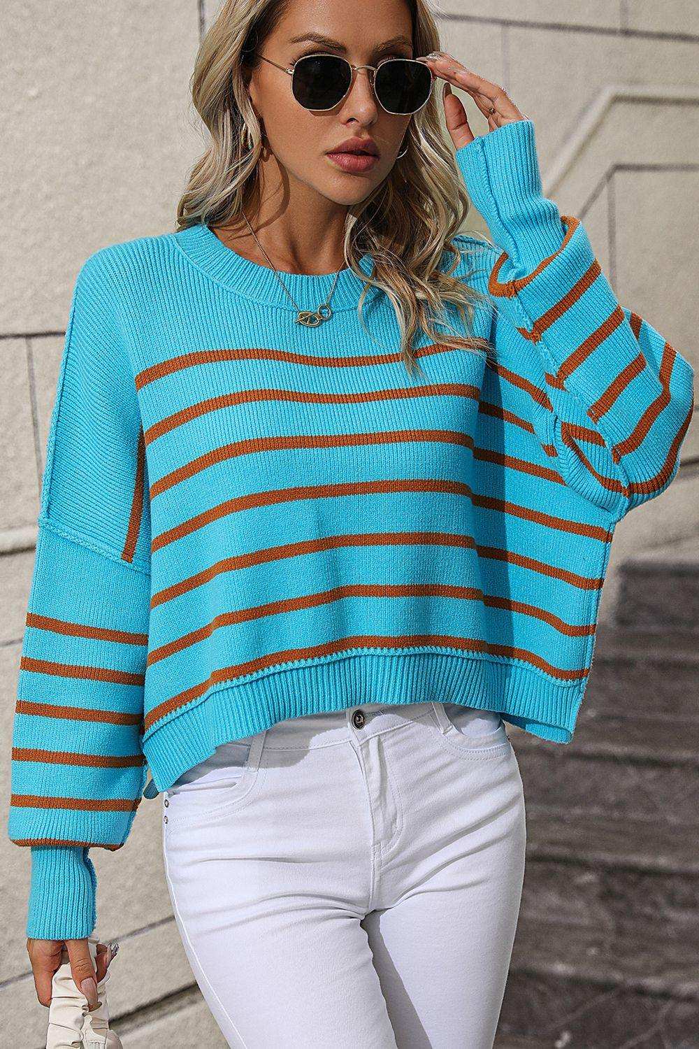 Striped Dropped Shoulder Round Neck Pullover Sweater - Trendsi - Flyclothing LLC