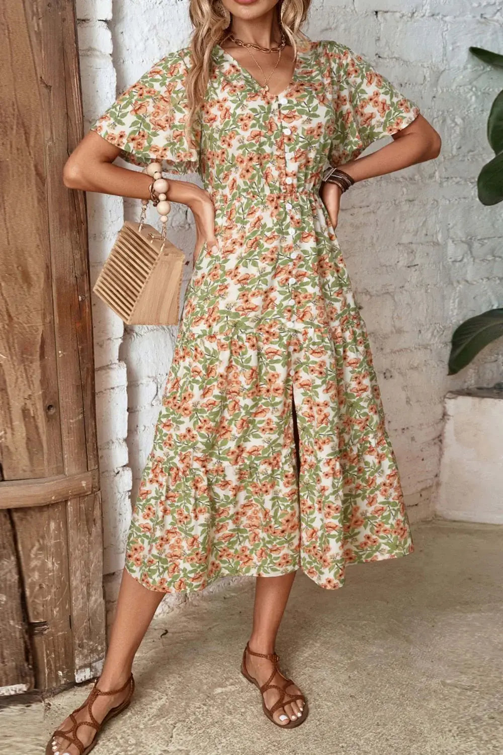 Floral V-Neck Front Slit Dress - Trendsi - Flyclothing LLC