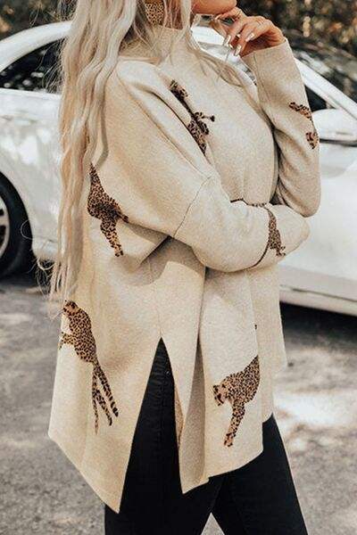 Animal Pattern Mock Neck Long Sleeve Slit Sweater - Trendsi - Flyclothing LLC