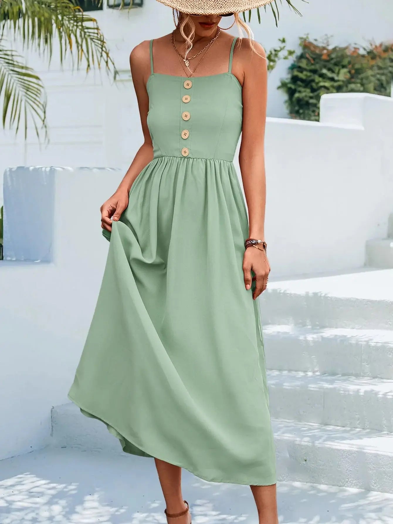 Decorative Button Spaghetti Strap Midi Dress - Trendsi - Flyclothing LLC