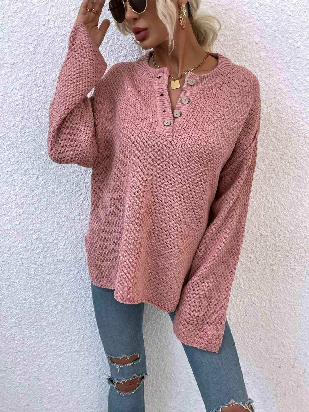 Quarter-Button Slit Sweater - Trendsi - Flyclothing LLC
