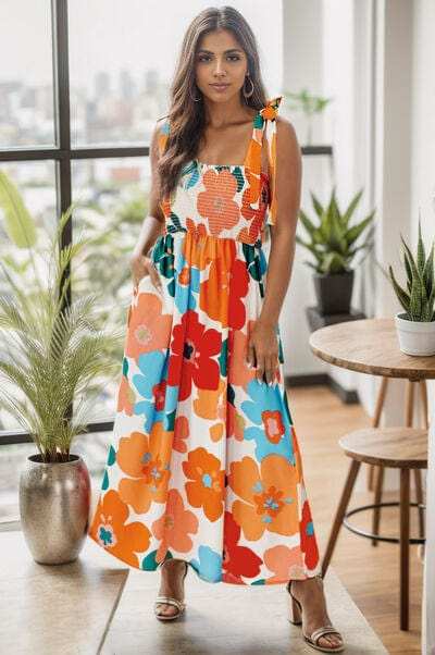 Smocked Printed Square Neck Dress - Trendsi - Flyclothing LLC