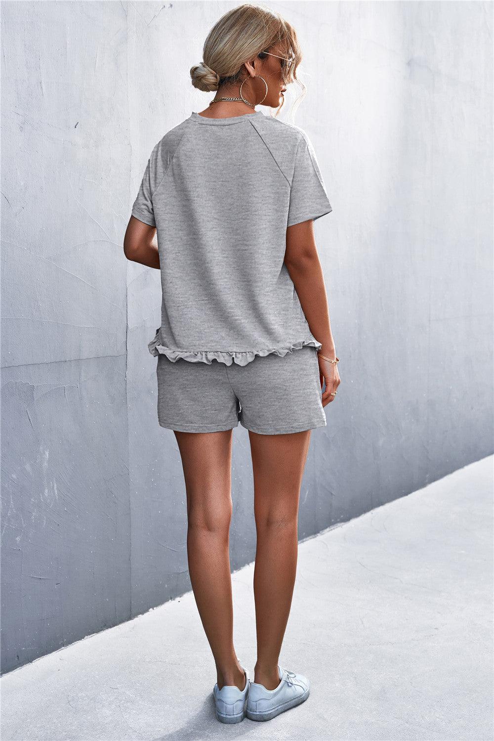 Raglan Sleeve Ruffle Hem Top and Shorts Set with Pockets - Flyclothing LLC