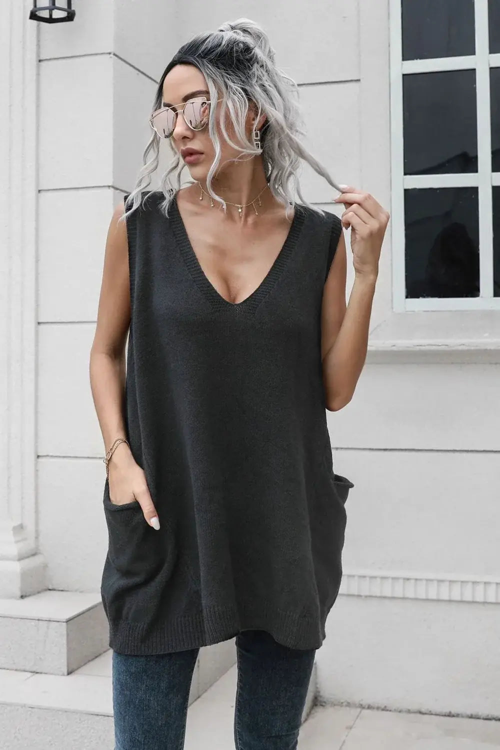 V-Neck Sleeveless Sweater Vest with Pocket - Trendsi - Flyclothing LLC