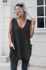 V-Neck Sleeveless Sweater Vest with Pocket - Flyclothing LLC