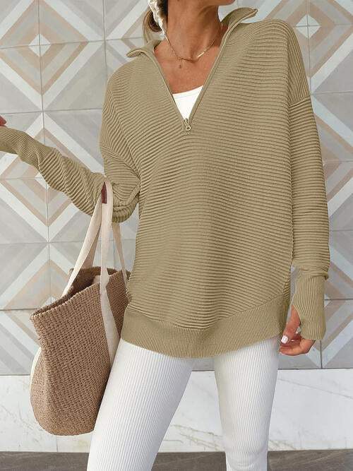 Half Zip Long Sleeve Knit Top - Trendsi - Flyclothing LLC