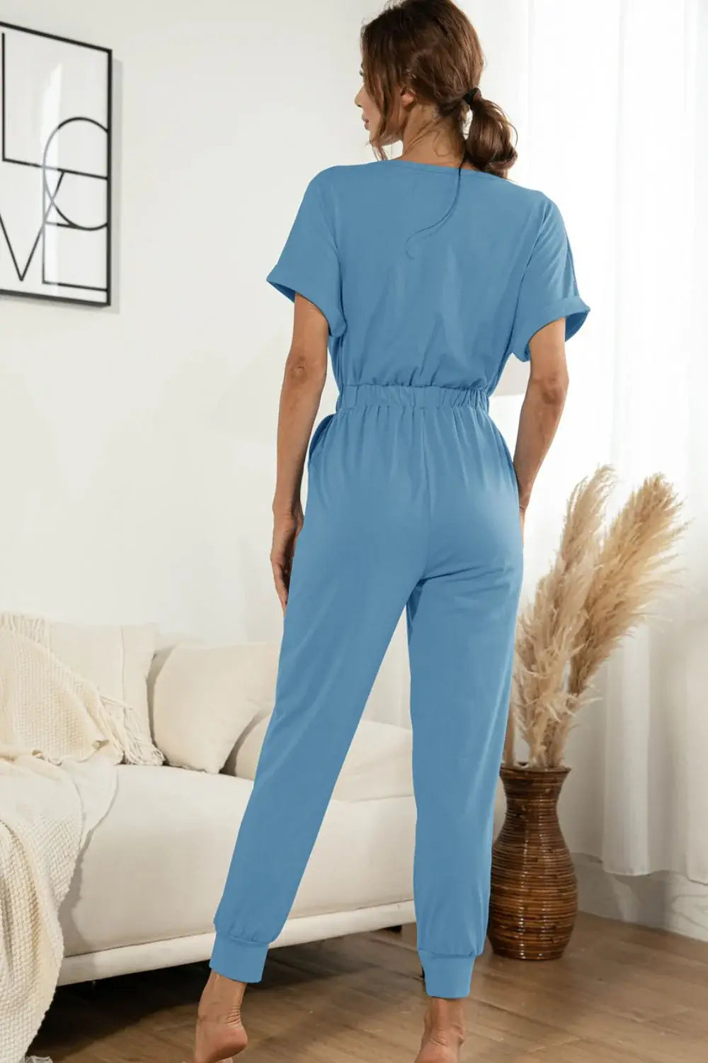 Surplice Neck Tied Short Sleeve Jumpsuit - Trendsi - Flyclothing LLC
