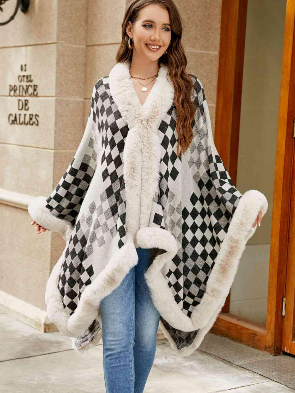 Checkered Faux Fur Trim Poncho - Trendsi