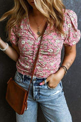 Ruched Printed Puff Sleeve Blouse - Trendsi - Flyclothing LLC