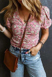 Ruched Printed Puff Sleeve Blouse - Trendsi - Flyclothing LLC