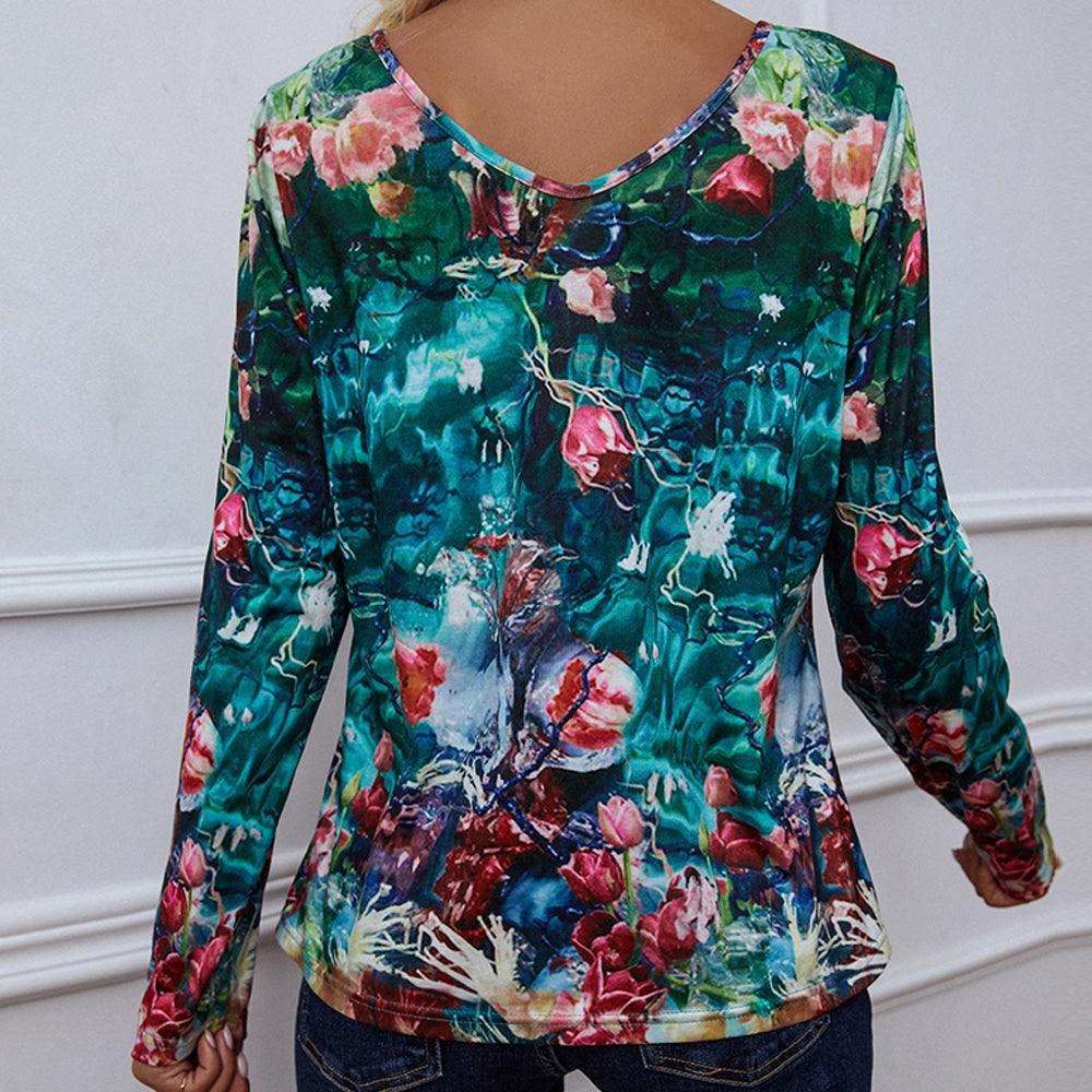 Printed V-Neck Long Sleeve Blouse - Trendsi - Flyclothing LLC