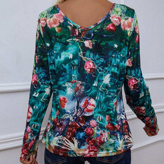 Printed V-Neck Long Sleeve Blouse - Trendsi - Flyclothing LLC