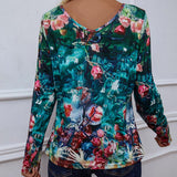 Printed V-Neck Long Sleeve Blouse - Trendsi