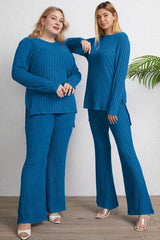 Basic Bae Full Size Ribbed High-Low Top and Wide Leg Pants Set - Trendsi