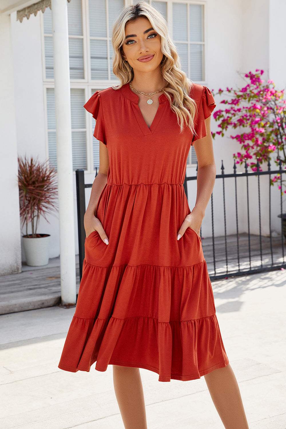 Ruched Notched Cap Sleeve Dress - Trendsi - Flyclothing LLC