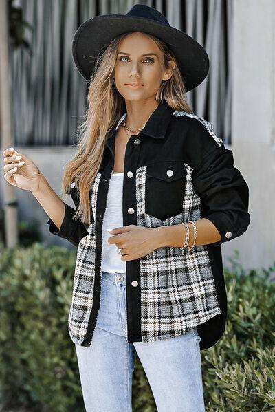 Plaid Pocketed Button Up Denim Jacket - Trendsi - Flyclothing LLC