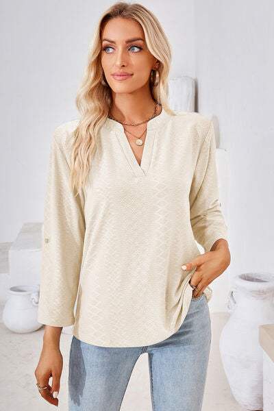 Notched Roll-Tab Sleeve T-Shirt - Trendsi - Flyclothing LLC