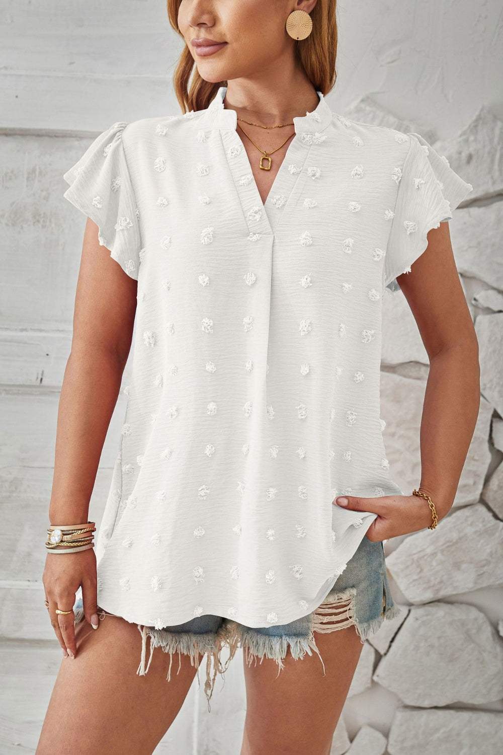 Swiss Dot Notched Cap Sleeve T-Shirt - Trendsi - Flyclothing LLC